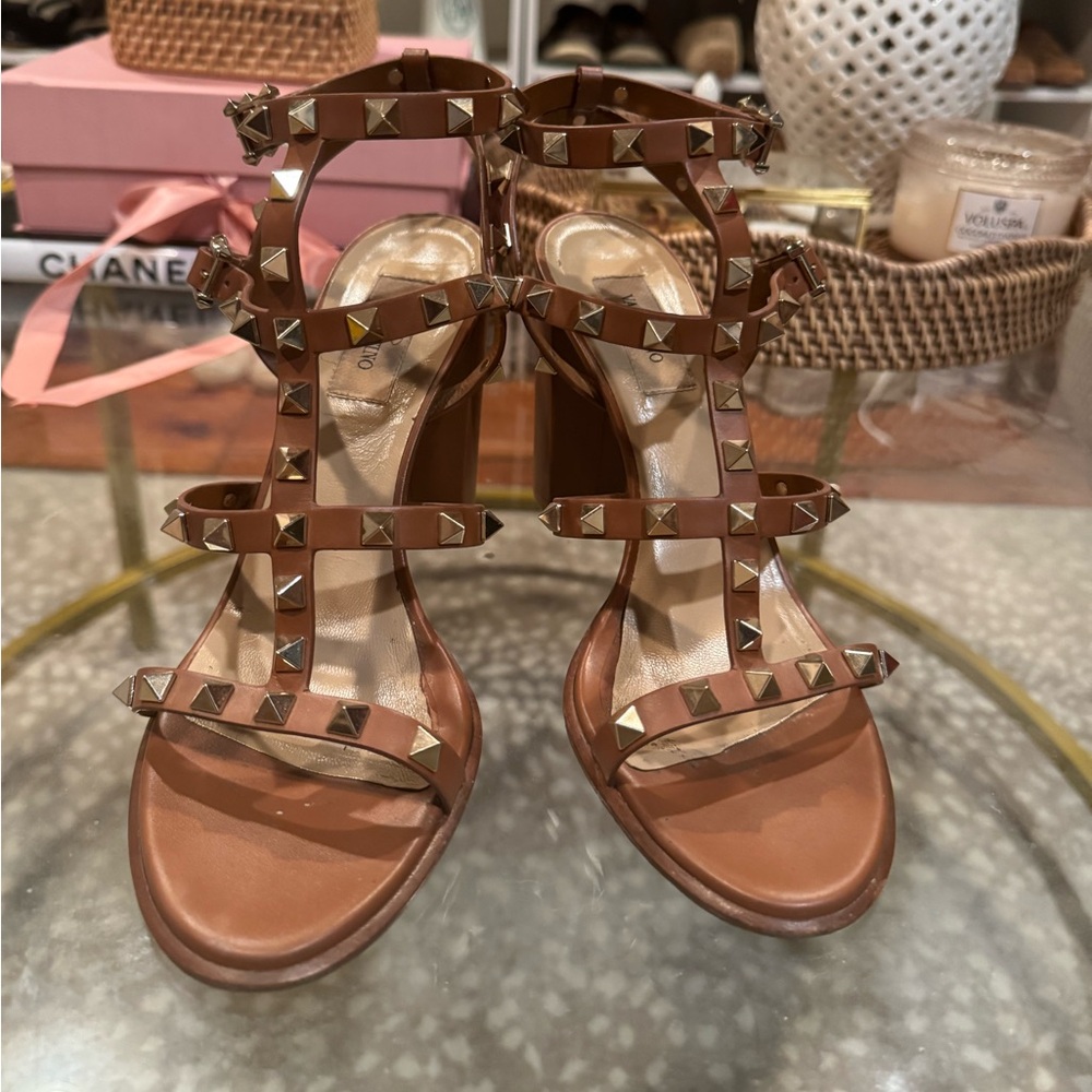 Valentino Garavani 90mm Rockstud Caged T-Strap Leather Sandals Brown 8.5 - Picture 4 of 16